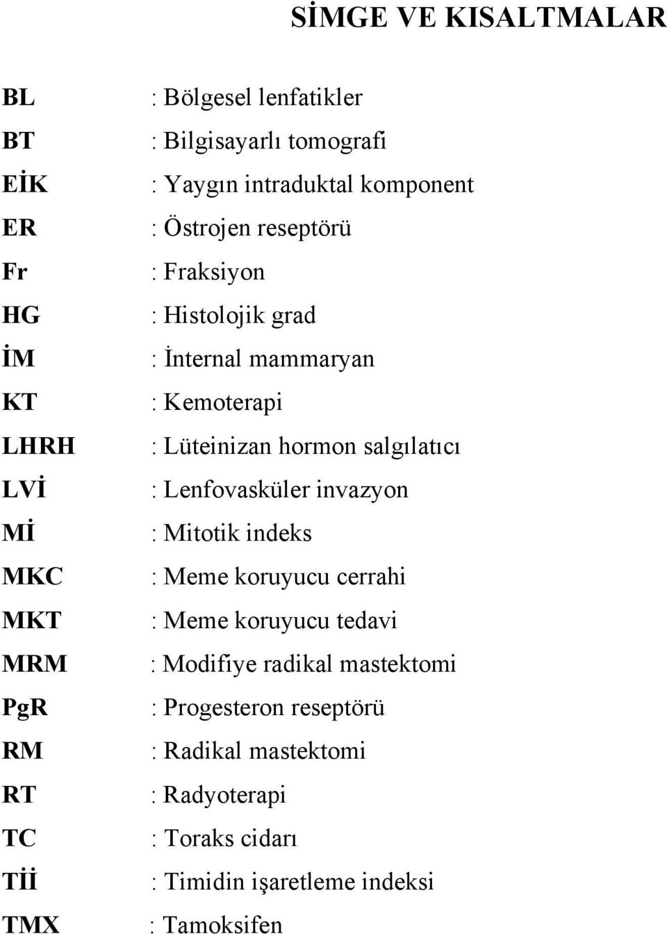 Lüteinizan hormon salgılatıcı : Lenfovasküler invazyon : Mitotik indeks : Meme koruyucu cerrahi : Meme koruyucu tedavi : Modifiye
