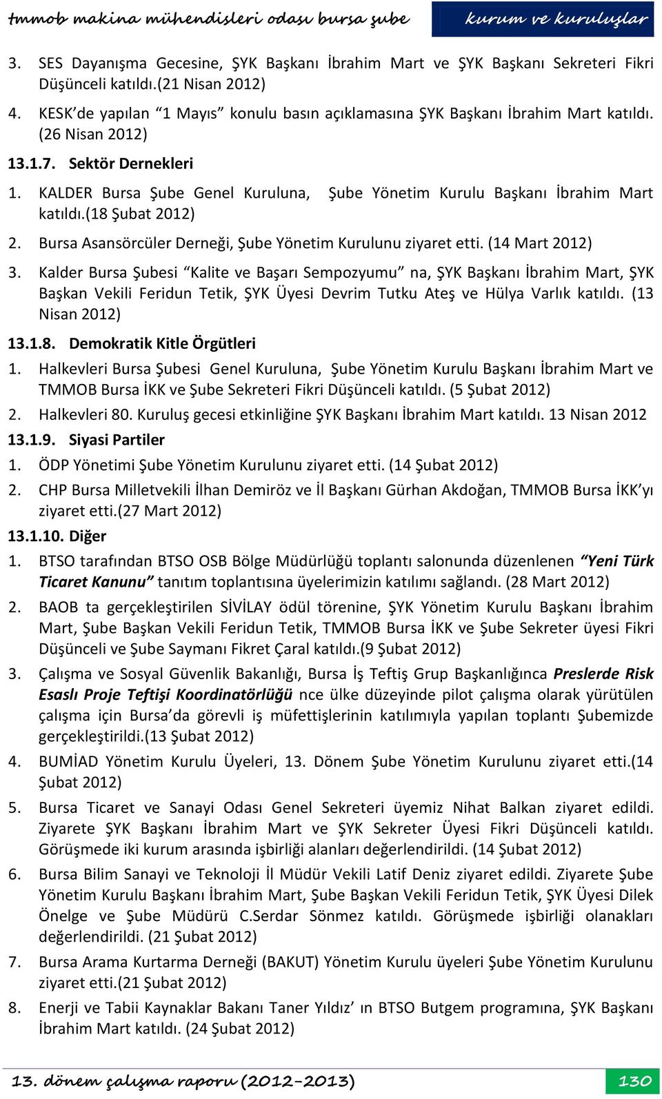 KALDER Bursa Şube Genel Kuruluna, Şube Yönetim Kurulu Başkanı İbrahim Mart katıldı.(18 Şubat 2012) 2. Bursa Asansörcüler Derneği, Şube Yönetim Kurulunu ziyaret etti. (14 3.