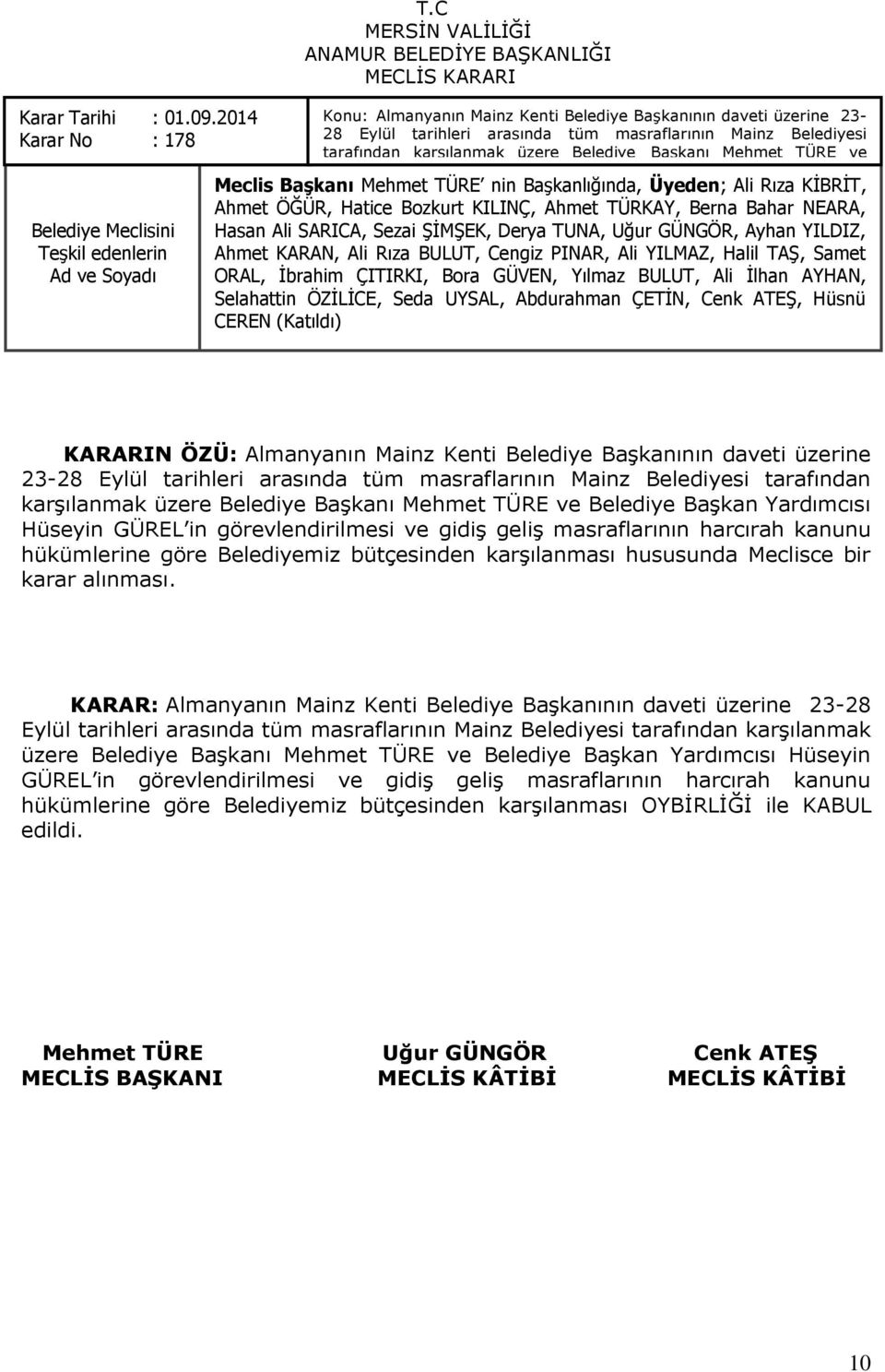 Belediye BaĢkan Yardımcısı Hüseyin GÜREL in Ahmet ÖĞÜR, görevlendirilmesi Hatice Bozkurt KILINÇ, ve Ahmet gidiģ TÜRKAY, geliģ Berna masraflarının Bahar NEARA, Hasan Ali SARICA, harcırah Sezai ġġmġek,