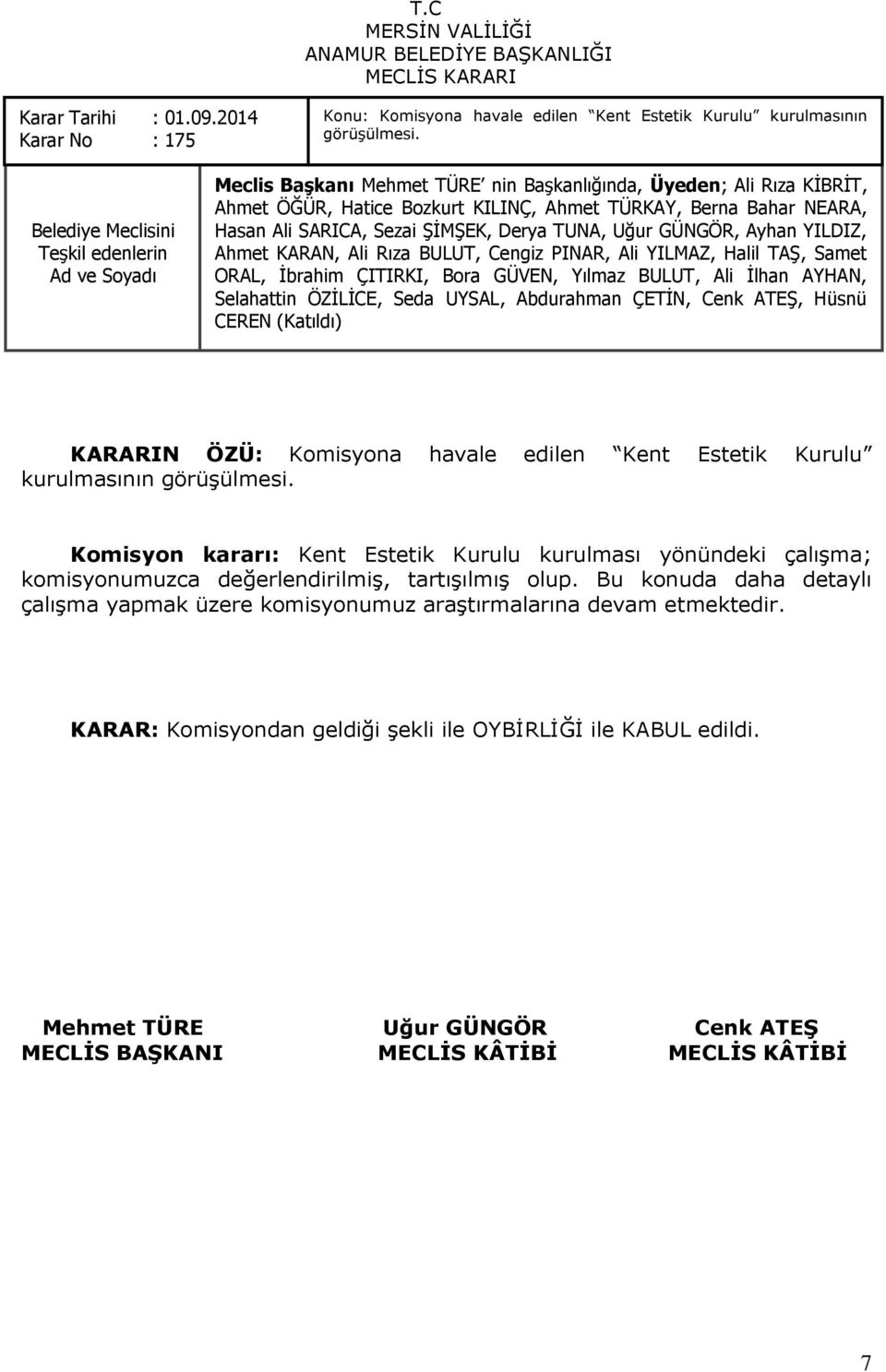 Komisyon kararı: Kent Estetik Kurulu kurulması yönündeki çalıģma; komisyonumuzca değerlendirilmiģ, tartıģılmıģ