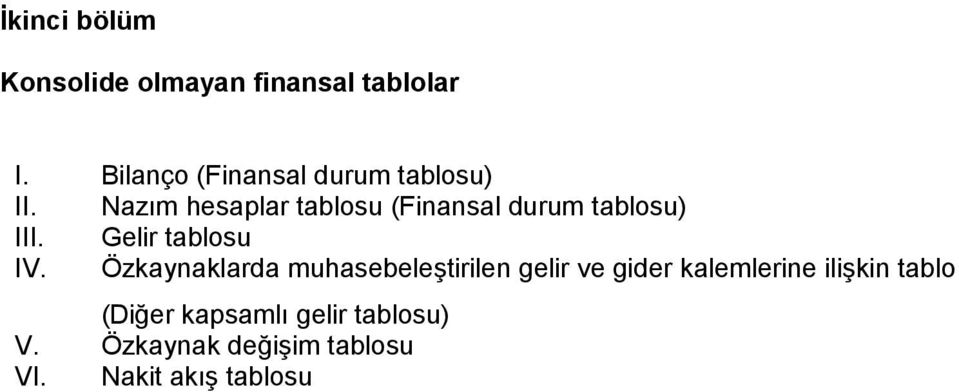 Nazım hesaplar tablosu (Finansal durum tablosu) III. Gelir tablosu IV.