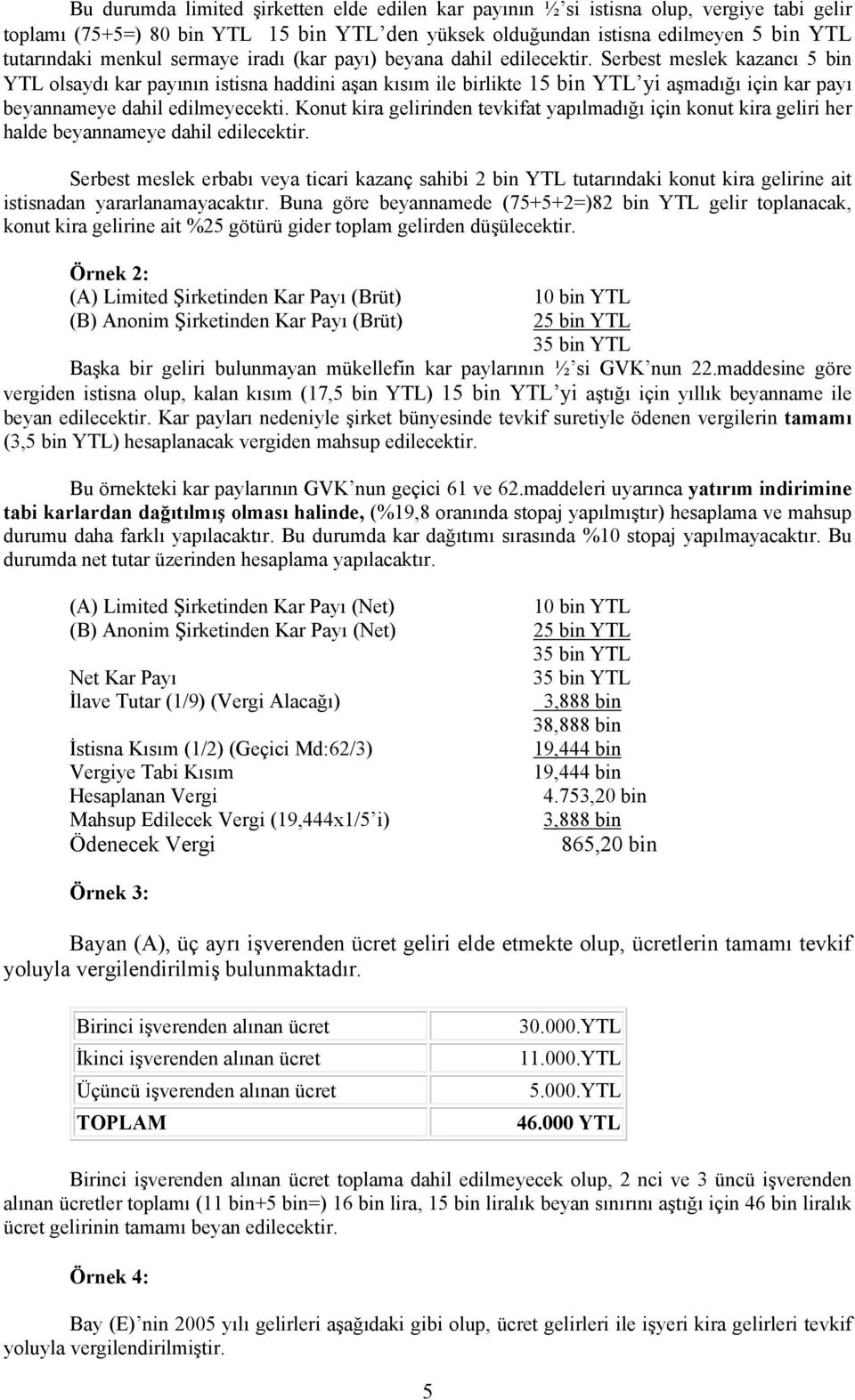 Serbest meslek kazancı 5 bin YTL olsaydı kar payının istisna haddini aşan kısım ile birlikte 15 bin YTL yi aşmadığı için kar payı beyannameye dahil edilmeyecekti.