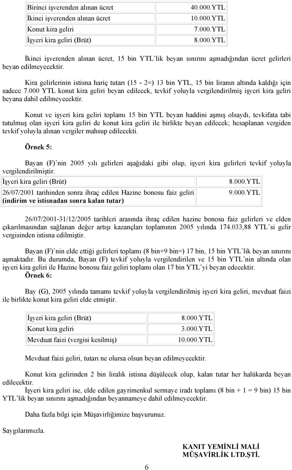 Kira gelirlerinin istisna hariç tutarı (15-2=) 13 bin YTL, 15 bin liranın altında kaldığı için sadece 7.