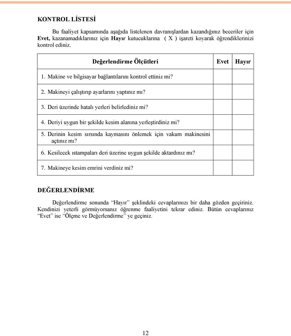 Deriyi uygun bir Ģekilde kesim alanına yerleģtirdiniz mi? 5. Derinin kesim sırsında kaymasını önlemek için vakum makinesini açtınız mı? 6.