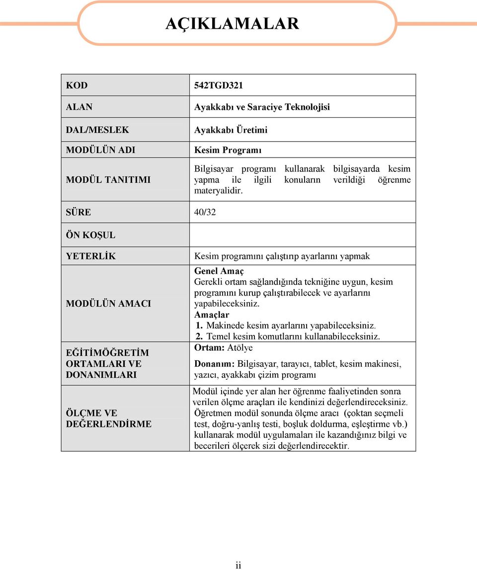 SÜRE 40/32 ÖN KOġUL YETERLĠK MODÜLÜN AMACI EĞĠTĠMÖĞRETĠM ORTAMLARI VE DONANIMLARI ÖLÇME VE DEĞERLENDĠRME Kesim programını çalıģtırıp ayarlarını yapmak Genel Amaç Gerekli ortam sağlandığında tekniğine