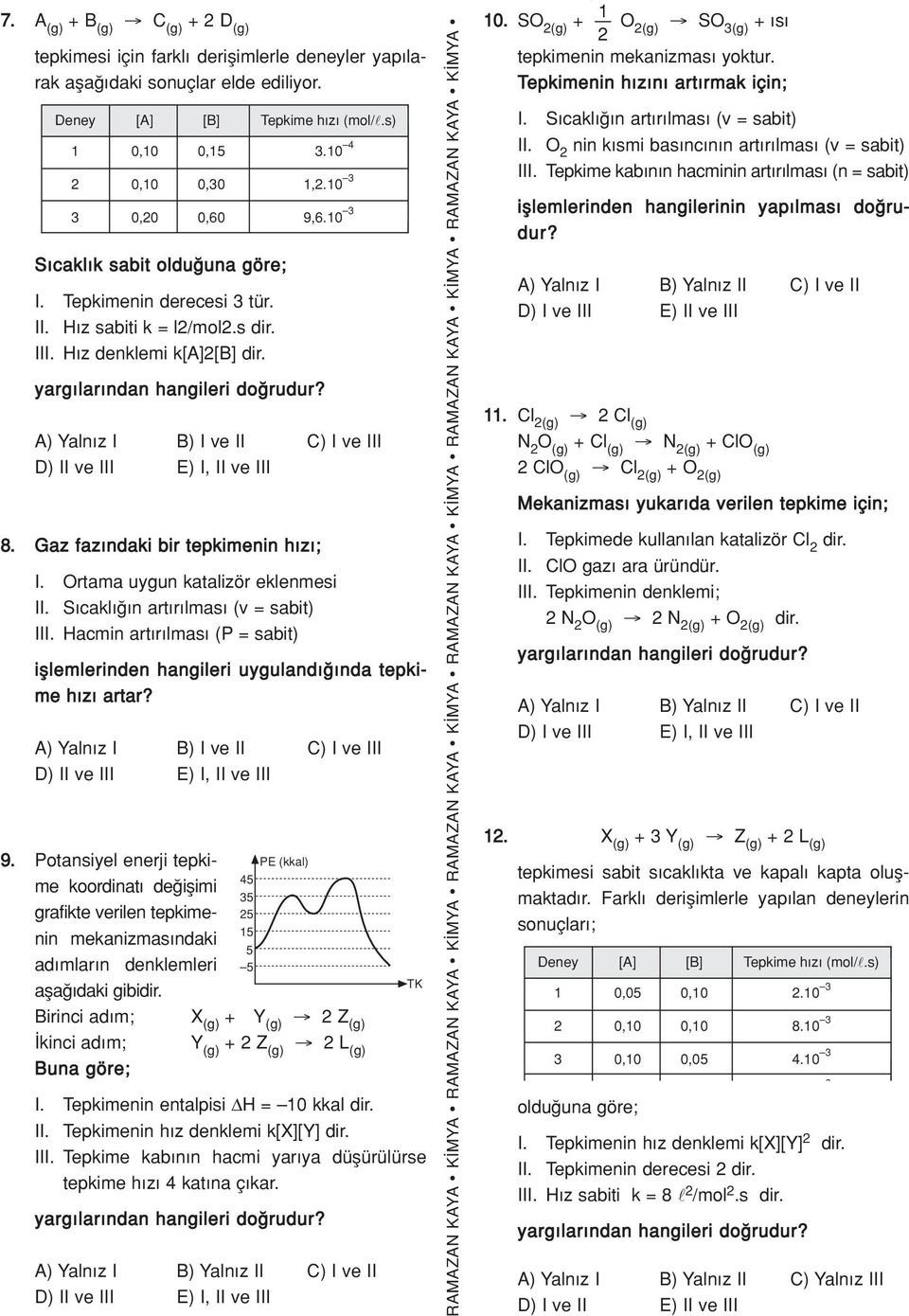 A) Yaln z I B) I ve II C) I ve III D) II ve III E) I, II ve III 8. Gaz faz ndaki bir tepkimenin h z ; I. Ortama uygun katalizör eklenmesi II. S cakl n art r lmas (v = sabit) III.