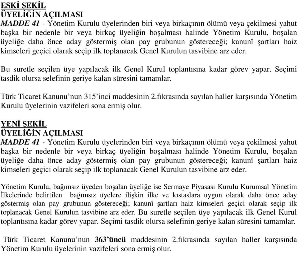 Bu suretle seçilen üye yapılacak ilk Genel Kurul toplantısına kadar görev yapar. Seçimi tasdik olursa selefinin geriye kalan süresini tamamlar. Türk Ticaret Kanunu nun 315 inci maddesinin 2.