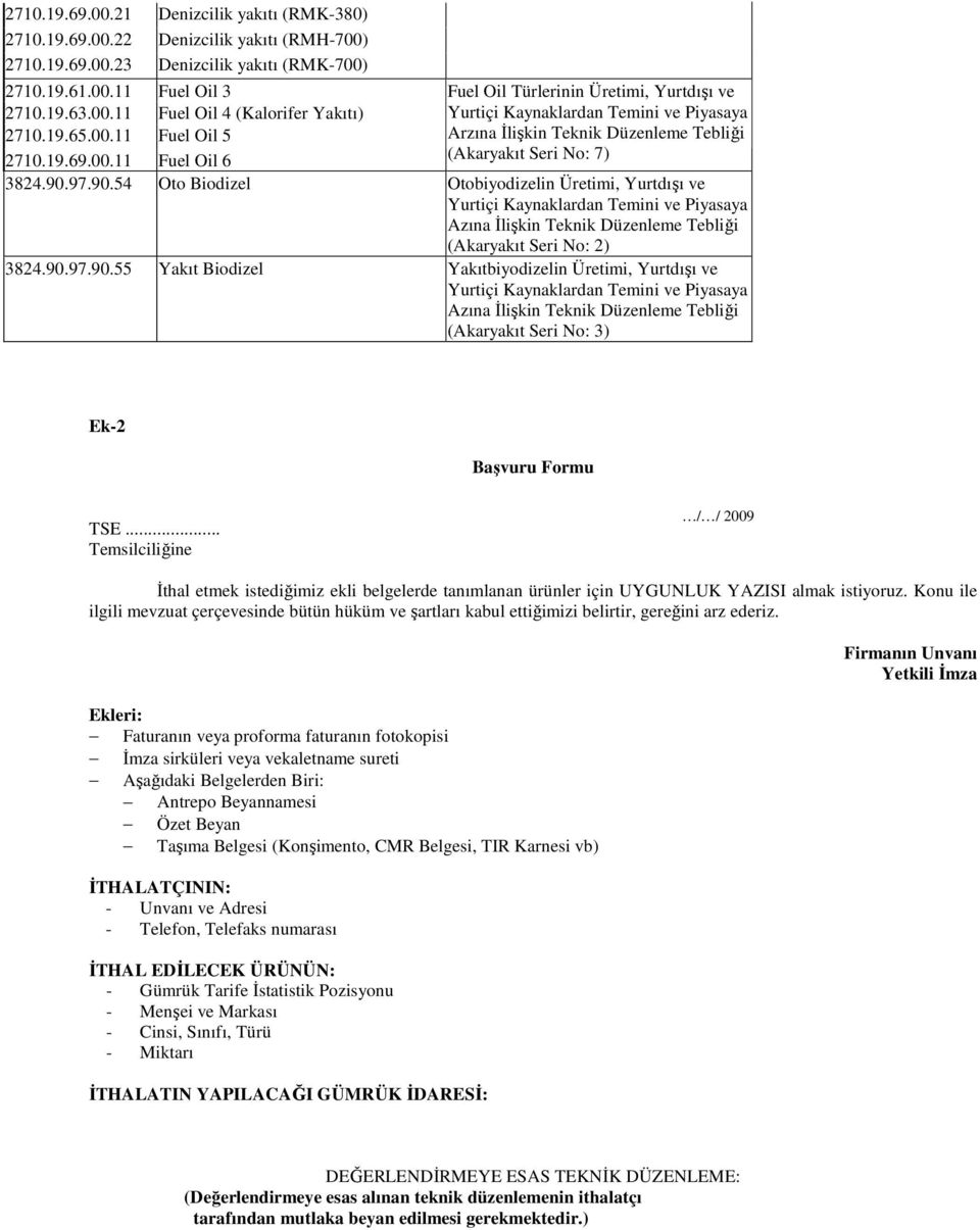 97.90.54 Oto Biodizel Otobiyodizelin Üretimi, Yurtdışı ve Azına İlişkin Teknik Düzenleme Tebliği (Akaryakıt Seri No: 2) 3824.90.97.90.55 Yakıt Biodizel Yakıtbiyodizelin Üretimi, Yurtdışı ve Azına İlişkin Teknik Düzenleme Tebliği (Akaryakıt Seri No: 3) Ek-2 Başvuru Formu TSE.