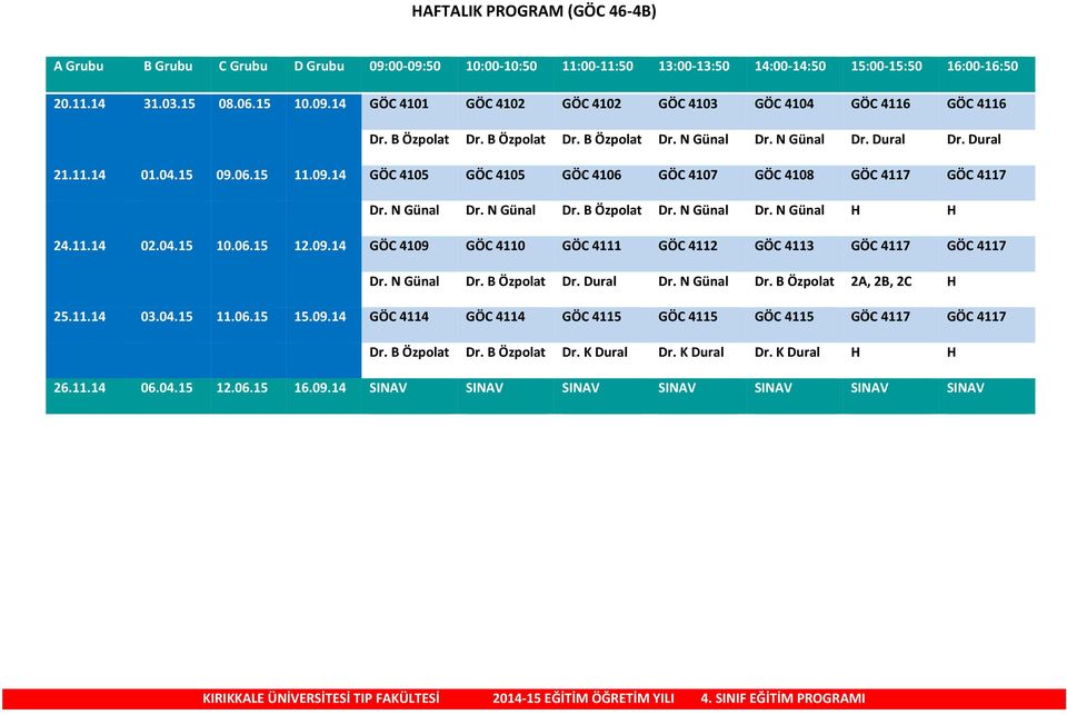 11.14 02.04.15 10.06.15 12.09.14 GÖC 4109 GÖC 4110 GÖC 4111 GÖC 4112 GÖC 4113 GÖC 4117 GÖC 4117 Dr. N Günal Dr. B Özpolat Dr. Dural Dr. N Günal Dr. B Özpolat 2A, 2B, 2C H 25.11.14 03.04.15 11.06.15 15.