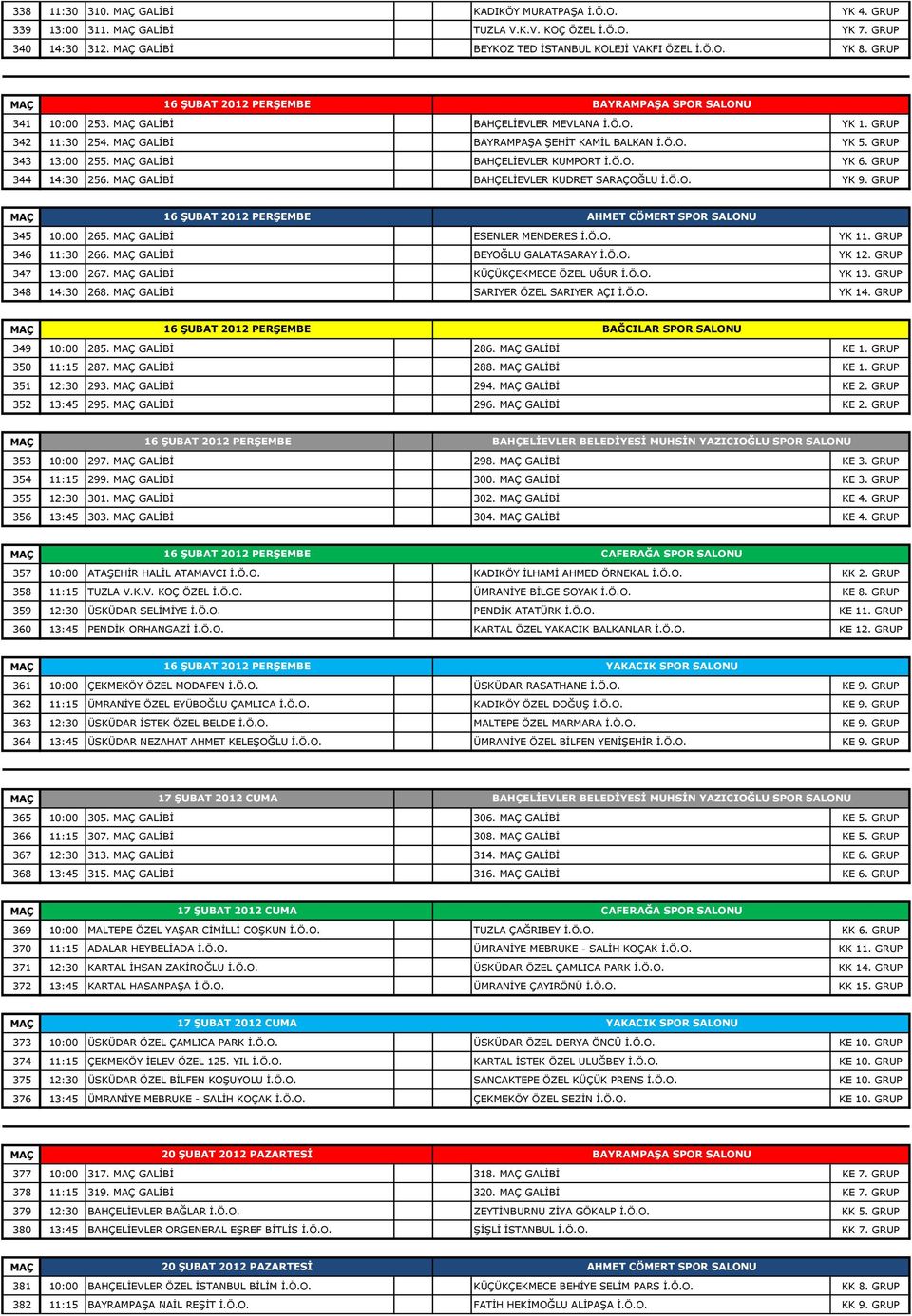 GRUP 344 14:30 256. GALİBİ BAHÇELİEVLER KUDRET SARAÇOĞLU İ.Ö.O. YK 9. GRUP 345 10:00 265. GALİBİ ESENLER MENDERES İ.Ö.O. YK 11. GRUP 346 11:30 266. GALİBİ BEYOĞLU GALATASARAY İ.Ö.O. YK 12.
