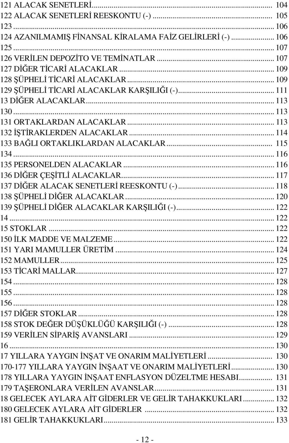 .. 113 132 İŞTİRAKLERDEN ALACAKLAR... 114 133 BAĞLI ORTAKLIKLARDAN ALACAKLAR... 115 134... 116 135 PERSONELDEN ALACAKLAR... 116 136 DİĞER ÇEŞİTLİ ALACAKLAR.