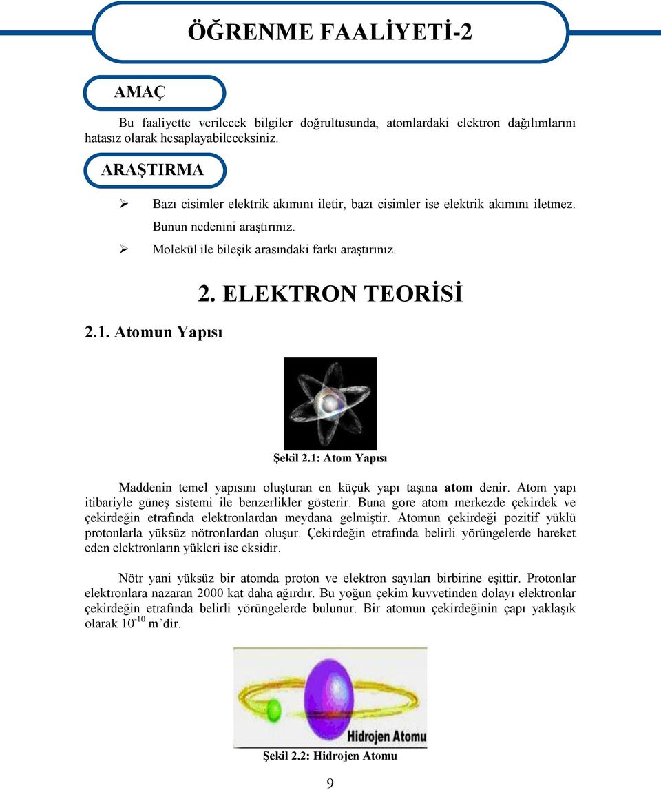 ELEKTRON TEORĠSĠ ġekil 2.1: Atom Yapısı Maddenin temel yapısını oluģturan en küçük yapı taģına atom denir. Atom yapı itibariyle güneģ sistemi ile benzerlikler gösterir.