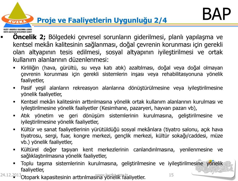 korunması için gerekli sistemlerin inşası veya rehabilitasyonuna yönelik faaliyetler, Pasif yeşil alanların rekreasyon alanlarına dönüştürülmesine veya iyileştirilmesine yönelik faaliyetler, Kentsel