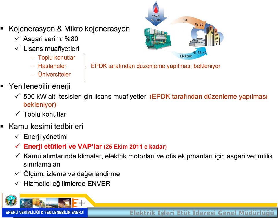 yapılması bekleniyor) Toplu konutlar Kamu kesimi tedbirleri Enerji yönetimi Enerji etütleri ve VAP lar (25 Ekim 2011 e kadar) Kamu