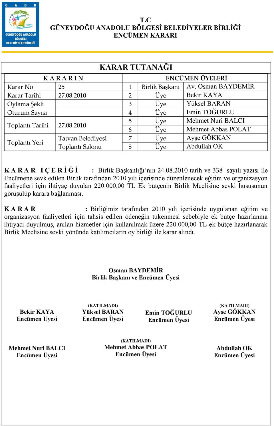 2010 tarih ve 338 sayılı yazısı ile Encümene sevk edilen Birlik tarafından 2010 yılı içerisinde düzenlenecek eğitim ve organizasyon faaliyetleri için ihtiyaç duyulan 220.