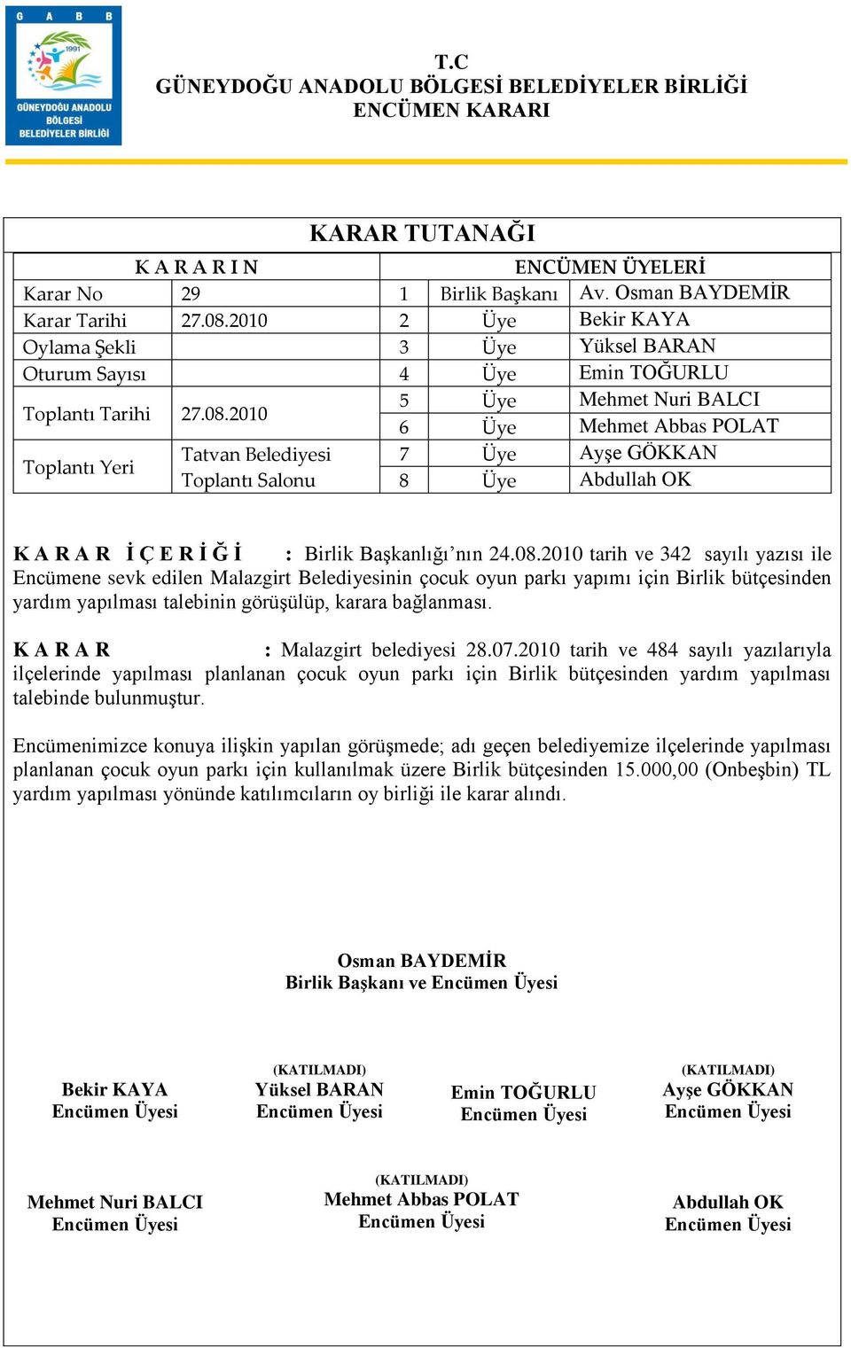 2010 tarih ve 342 sayılı yazısı ile Encümene sevk edilen Malazgirt Belediyesinin çocuk oyun parkı yapımı için Birlik bütçesinden yardım yapılması talebinin görüşülüp, karara bağlanması.