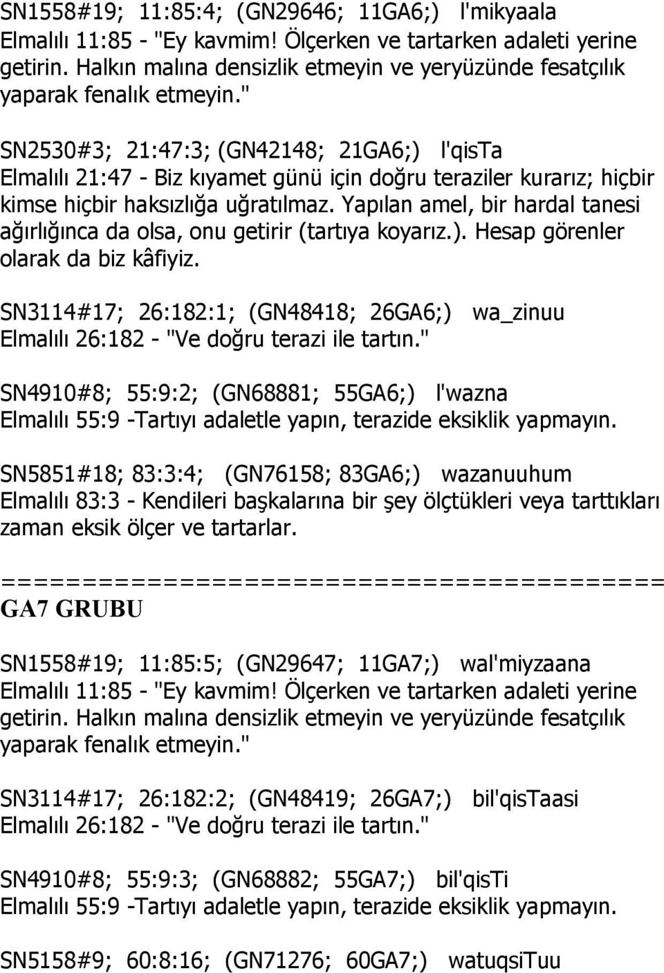 " SN2530#3; 21:47:3; (GN42148; 21GA6;) l'qista Elmalılı 21:47 - Biz kıyamet günü için doğru teraziler kurarız; hiçbir kimse hiçbir haksızlığa uğratılmaz.