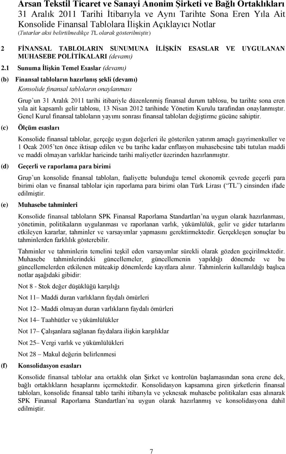 tablosu, bu tarihte sona eren yıla ait kapsamlı gelir tablosu, 13 Nisan 2012 tarihinde Yönetim Kurulu tarafından onaylanmıştır.