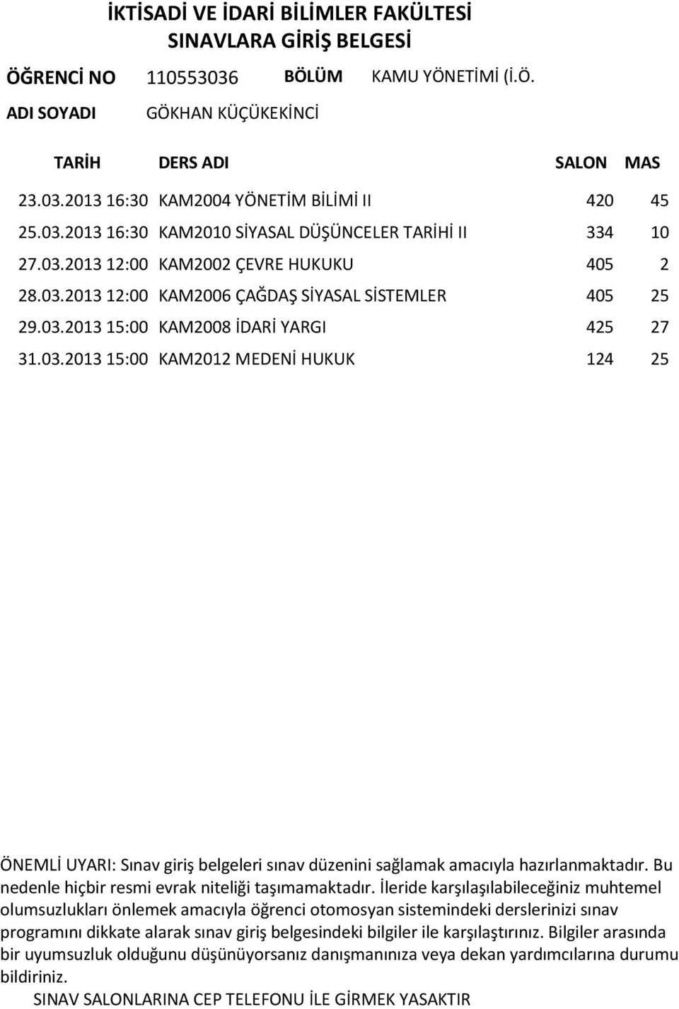 03.2013 12:00 KAM2006 ÇAĞDAŞ SİYASAL SİSTEMLER 405 25 29.03.2013 15:00 KAM2008 İDARİ YARGI 425 27 31.