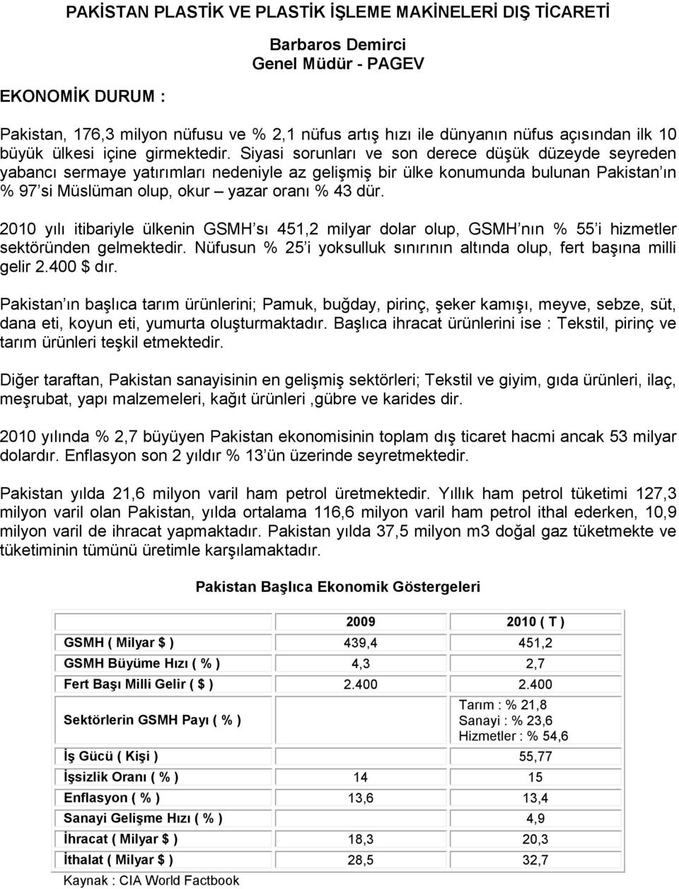 Siyasi sorunları ve son derece düşük düzeyde seyreden yabancı sermaye yatırımları nedeniyle az gelişmiş bir ülke konumunda bulunan Pakistan ın % 97 si Müslüman olup, okur yazar oranı % 43 dür.