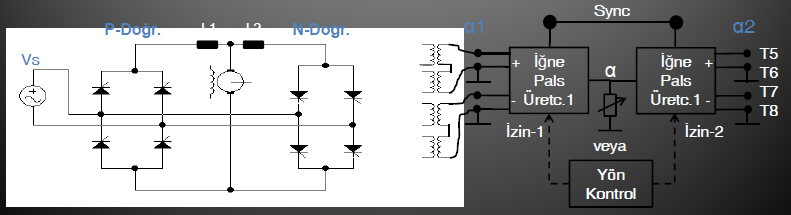 Görüldüğü gibi iki tam kontrollü köprünün çıkışları birbirine ters paralel olarak yüke bağlanmıştır. Şekil-4.