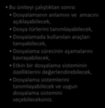 DOSYALAMA İŞLEMLERİ, TANIMLAR VE AMAÇLAR İÇİNDEKİLER Dosyalamanın Anlamı ve Amacı Dosya Türleri Dosyalama Araçları Dosyalama Süreci Etkin Bir Dosyalama Sisteminin Özellikleri Dosyalama Sisteminin