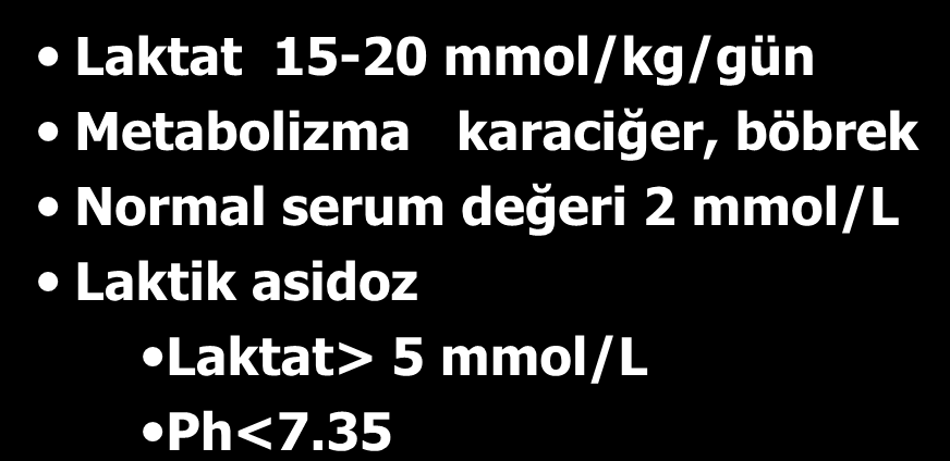 Laktat 15-20 mmol/kg/gün Metabolizma karaciğer, böbrek