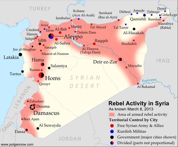 Harita 1 : Suriye deki Çatışma Bölgeleri ( 8 Mart 2013 itibarıyla) Kaynak: Political Geography Now, http://www.polgeonow.