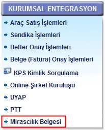 Şekil 3: Mirasçılık Belgesi Uygulamasına Giriş 3. Uygulama dijital sertifika seçim ekranını getirir.