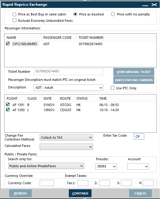 b) Ceza VERGİ olarak tahsil edilecekse; RAPID REPRICE Change Fee Collection Method: Collected As TAX seçilir ve sağ