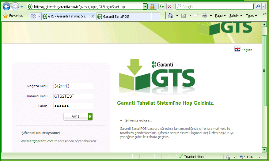 GTS KULLANIM KLAVUZU Sayfa 1 Gts sistemi tanımlandığında Mağaza kodu (üye numarası) admin kullanıcı kodu ve parolası email ile Garanti Bankasından tarafınıza iletilecektir.