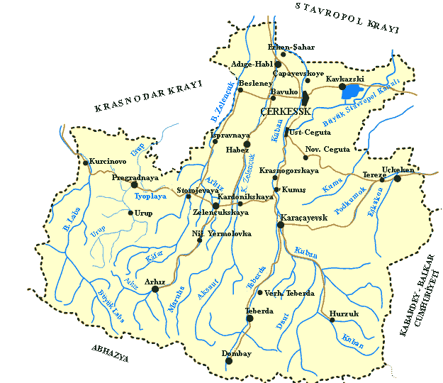 Şekil 5. Karaçay-Çerkes Cumhuriyeti nde Akarsular Dağlardaki birçok nehir göllerden çıkmaktadır. KÇC deki göller esas olarak karstik, moren ve tektonik göllerdir.