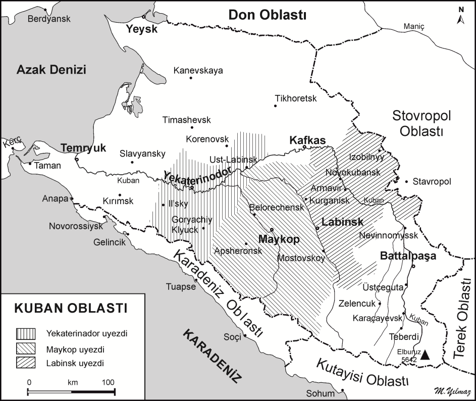 636 TARİH, KÜLTÜR, SANAT, TURİZM VE TARIM AÇISINDAN ULUSLARARASI hem de istedikleri zaman Kafkasya'ya geri dönmelerine izin vereceklerine inanıyorlardı 64. Harita III: Kuban Oblastı Kaynak: http://en.