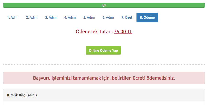 7. Özet Özet adımında başvuru aşamasında girdiğiniz tüm bilgiler özet şeklinde listelenmektedir. Tüm bilgilerinizi tekrar kontrol ediniz.