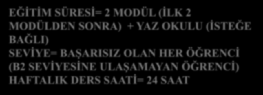 EĞİTİM SÜRESİ= 2 MODÜL (İLK 2 MODÜLDEN SONRA) + YAZ OKULU (İSTEĞE BAĞLI) SEVİYE=