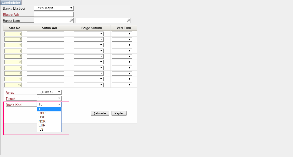Dövizli Ekstrelerin Aktarımı için ; Banka Ekstresinde Döviz Kod alanından döviz tipini seçip