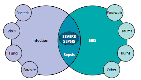 SIRS (Systemic Inflammatory Response Syndrome) Vücut ısısı <36 0 C ya da >38 0 C Kalp atım sayısı > 90/dk Solunum sayısı > 20/dk Lökosit sayısı >12.