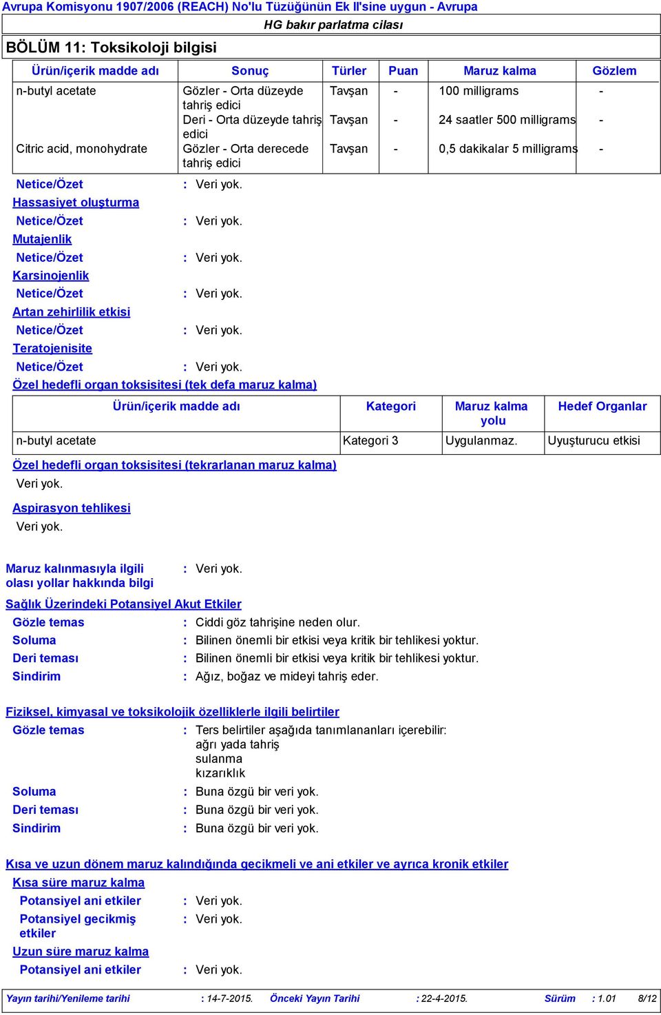 milligrams - tahriş edici Özel hedefli organ toksisitesi (tek defa maruz kalma) Özel hedefli organ toksisitesi (tekrarlanan maruz kalma) Aspirasyon tehlikesi Ürün/içerik madde adı Kategori Maruz