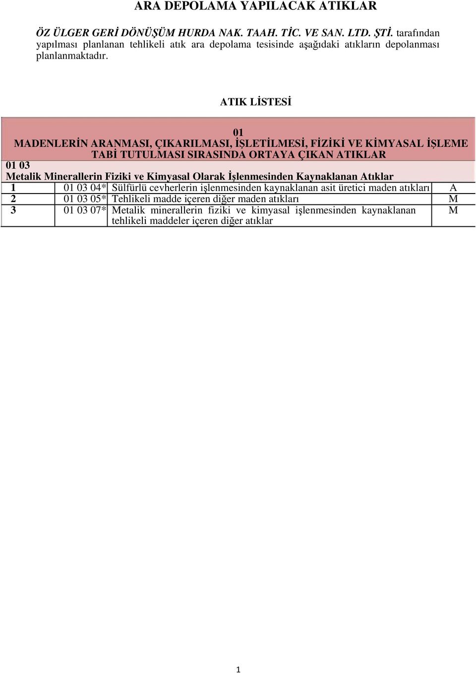 ATIK LİSTESİ 01 ADENLERİN ARANASI, ÇIKARILASI, İŞLETİLESİ, FİZİKİ VE KİYASAL İŞLEE TABİ TUTULASI SIRASINDA ORTAYA ÇIKAN ATIKLAR 01 03 etalik inerallerin Fiziki ve Kimyasal