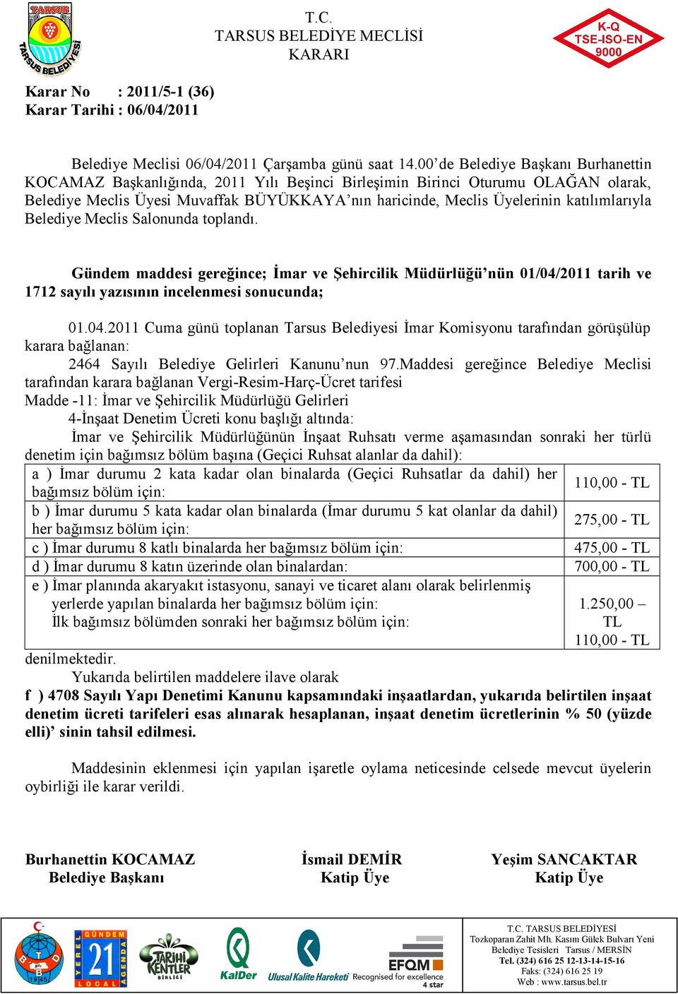 2011 Cuma günü toplanan Tarsus Belediyesi Đmar Komisyonu tarafından görüşülüp karara bağlanan: 2464 Sayılı Belediye Gelirleri Kanunu nun 97.