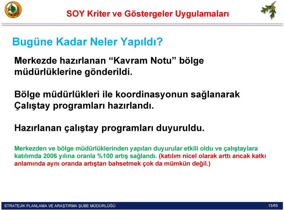 Merkezden ve bölge müdürlüklerinden yapılan duyurular etkili oldu ve çalıştaylara katılımda 2006 yılına oranla %100 artış