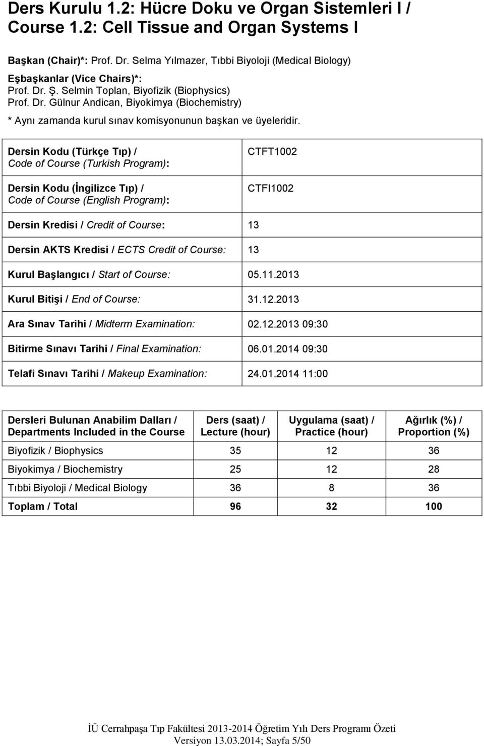 Dersin Kodu (Türkçe Tıp) / Code of Course (Turkish Program): Dersin Kodu (İngilizce Tıp) / Code of Course (English Program): CTFT1002 CTFI1002 Dersin Kredisi / Credit of Course: 13 Dersin AKTS