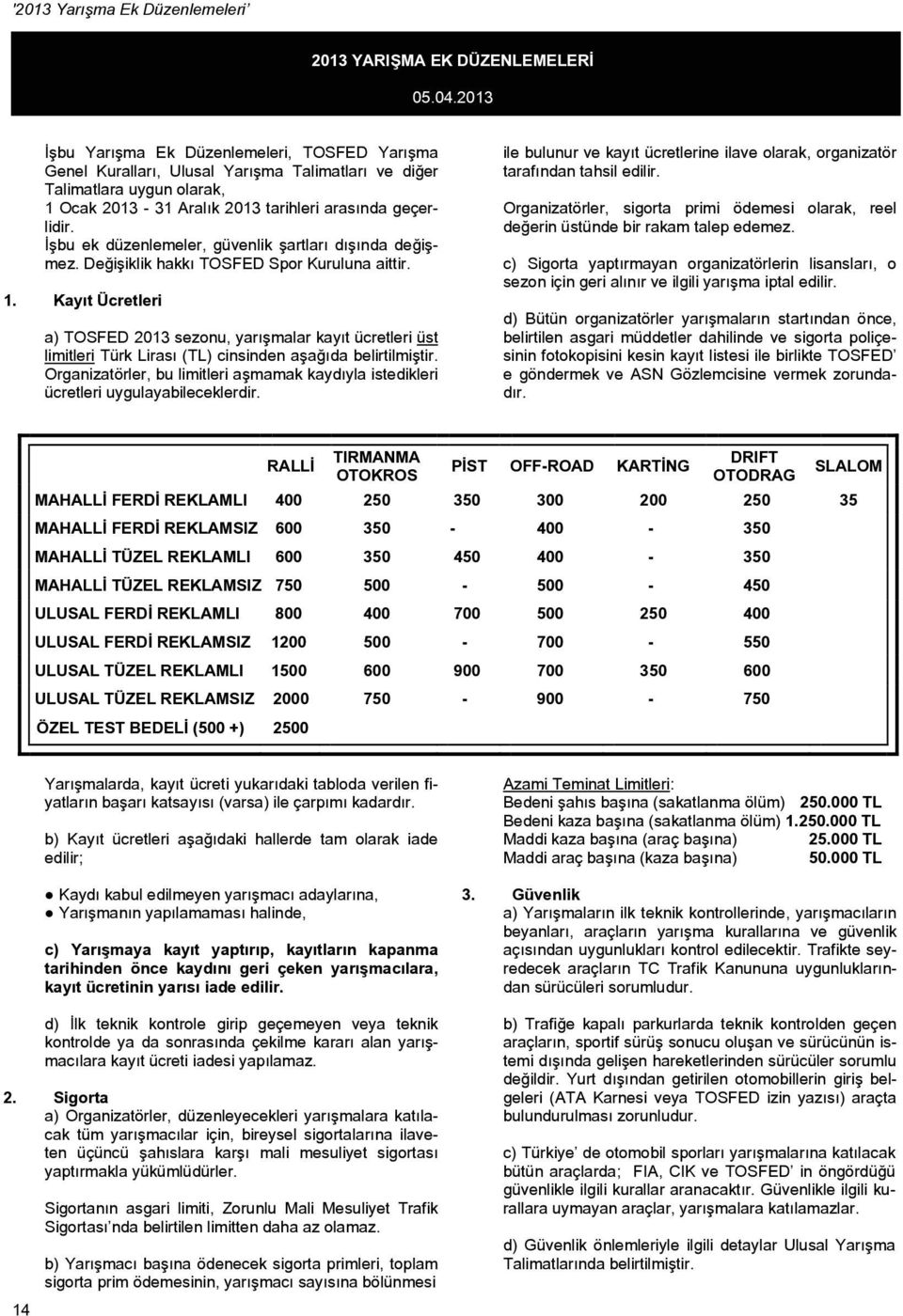 İşbu ek düzenlemeler, güvenlik şartları dışında değişmez. Değişiklik hakkı TOSFED Spor Kuruluna aittir. 1.