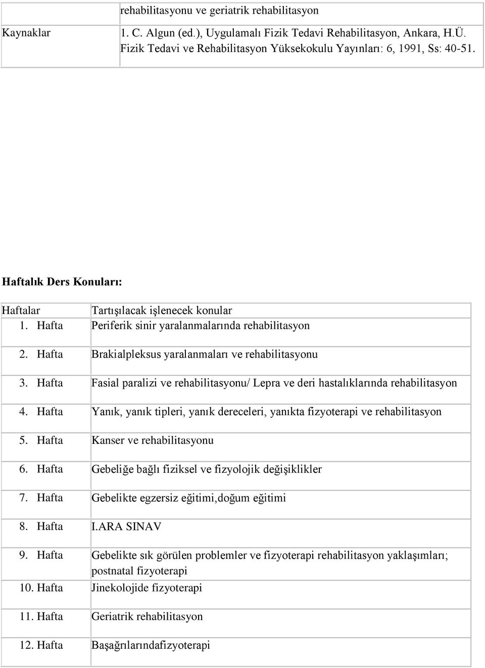 Hafta Fasial paralizi ve rehabilitasyonu/ Lepra ve deri hastalıklarında rehabilitasyon 4. Hafta Yanık, yanık tipleri, yanık dereceleri, yanıkta fizyoterapi ve rehabilitasyon 5.