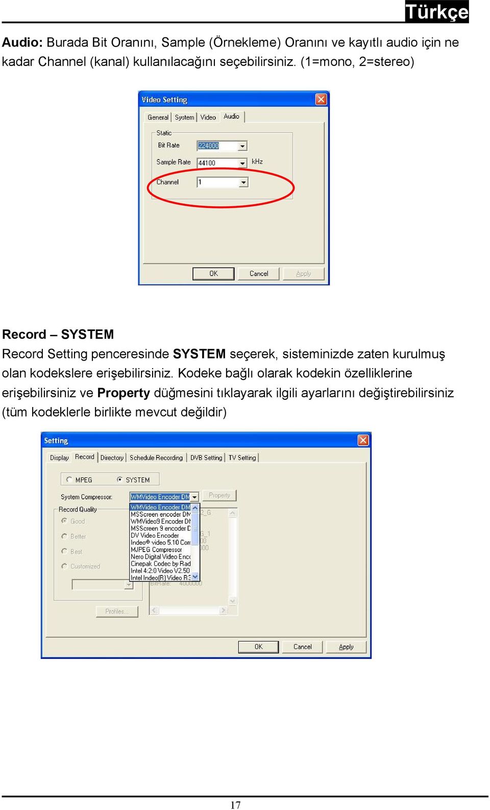 (1=mono, 2=stereo) Record SYSTEM Record Setting penceresinde SYSTEM seçerek, sisteminizde zaten kurulmuş olan
