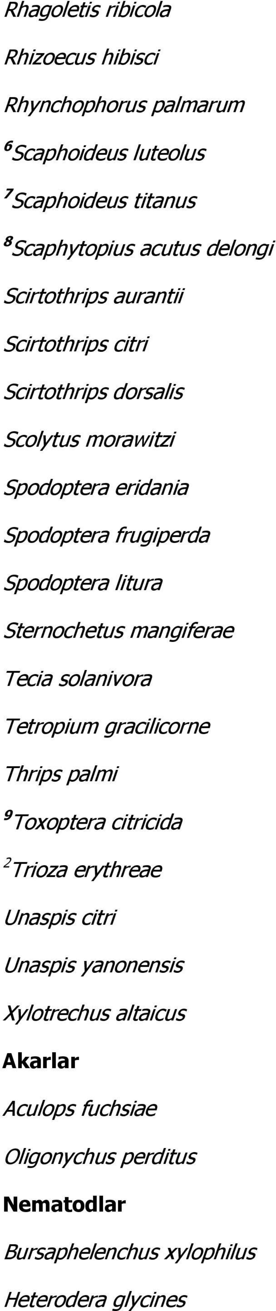 litura Sternochetus mangiferae Tecia solanivora Tetropium gracilicorne Thrips palmi 9 Toxoptera citricida 2 Trioza erythreae Unaspis citri
