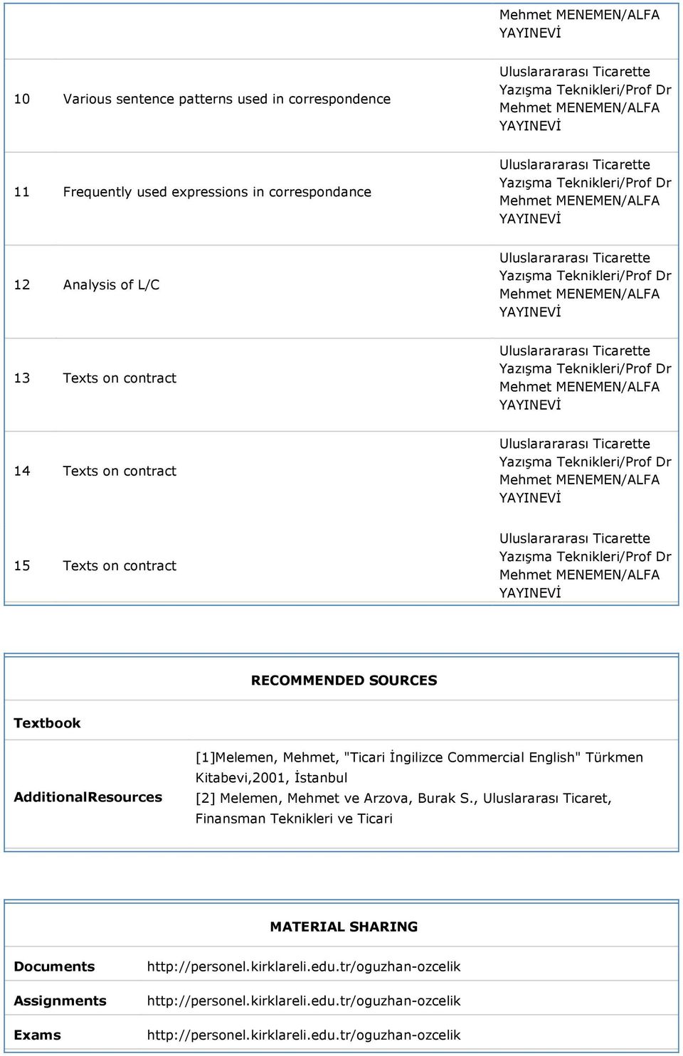 Textbook AdditionalResources [1]Melemen, Mehmet, "Ticari İngilizce Commercial English" Türkmen Kitabevi,2001, İstanbul [2]