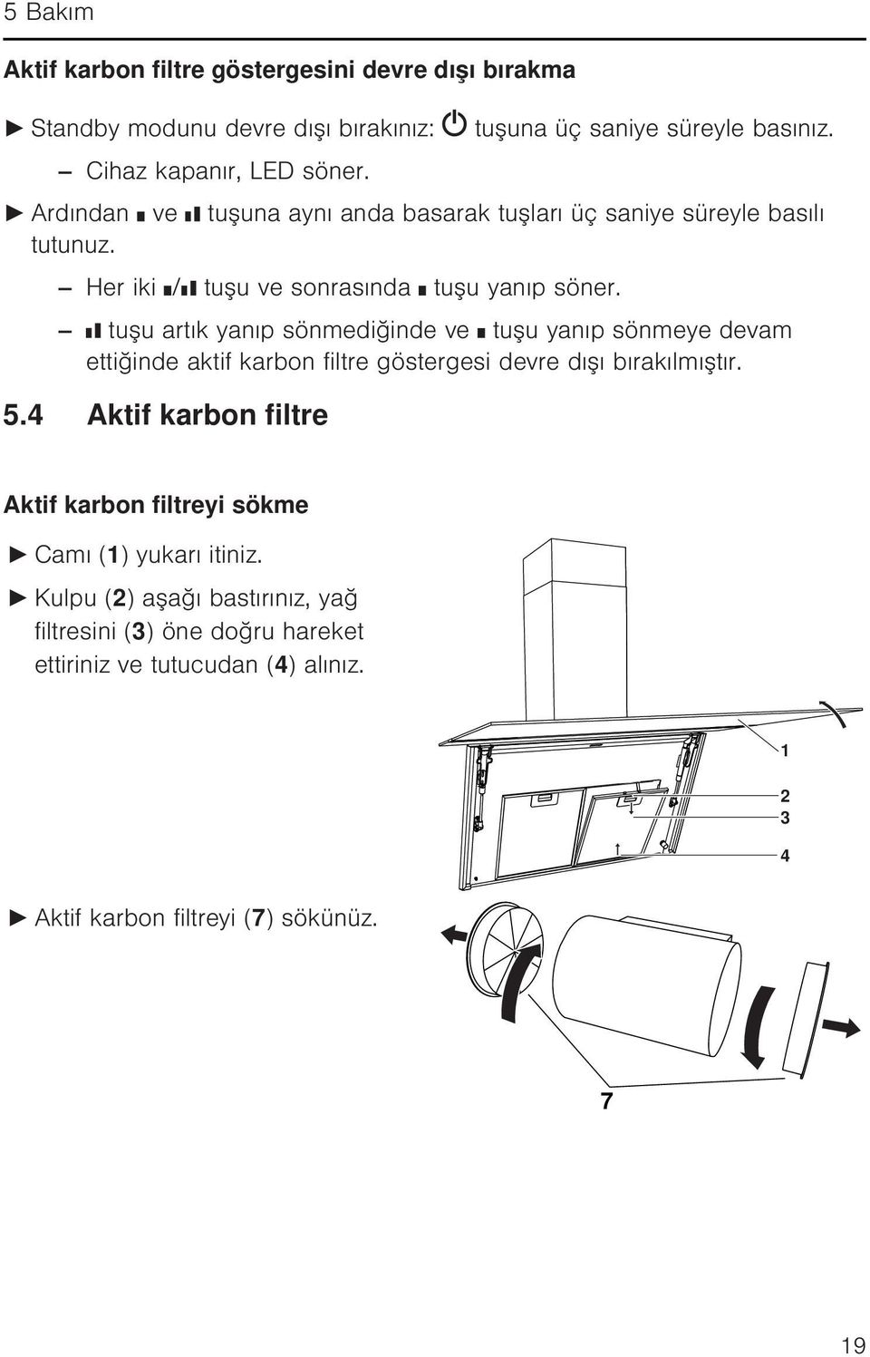 tuşu artık yanıp sönmediğinde ve tuşu yanıp sönmeye devam ettiğinde aktif karbon filtre göstergesi devre dışı bırakılmıştır. 5.