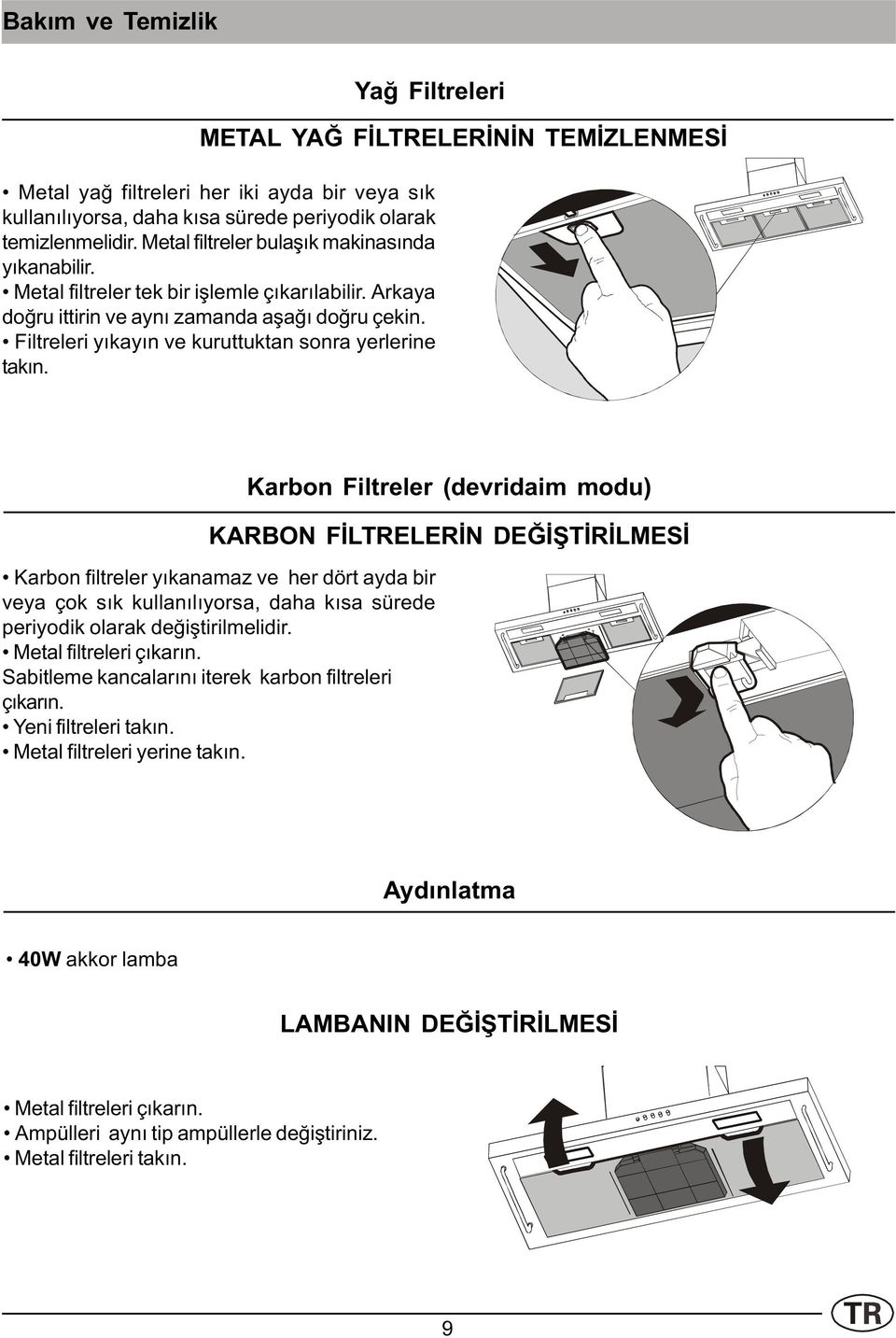 Filtreleri yýkayýn ve kuruttuktan sonra yerlerine takýn.