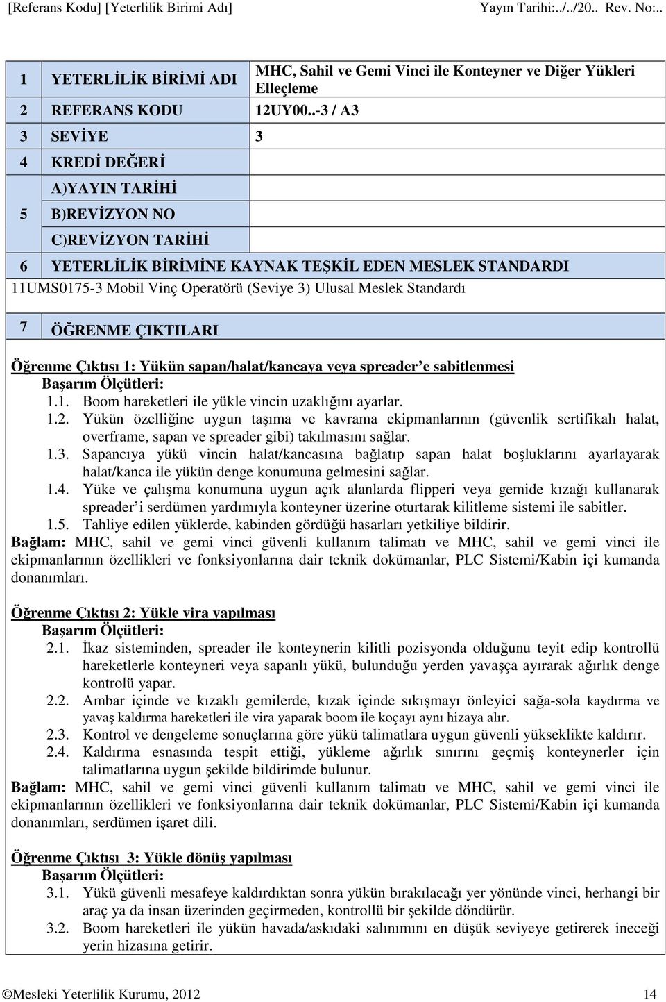 Standardı 7 ÖĞRENME ÇIKTILARI Öğrenme Çıktısı 1: Yükün sapan/halat/kancaya veya spreader e sabitlenmesi 1.1. Boom hareketleri ile yükle vincin uzaklığını ayarlar. 1.2.